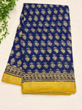Royal Blue Cotton Saree with Hand Block Print & Mustard Border