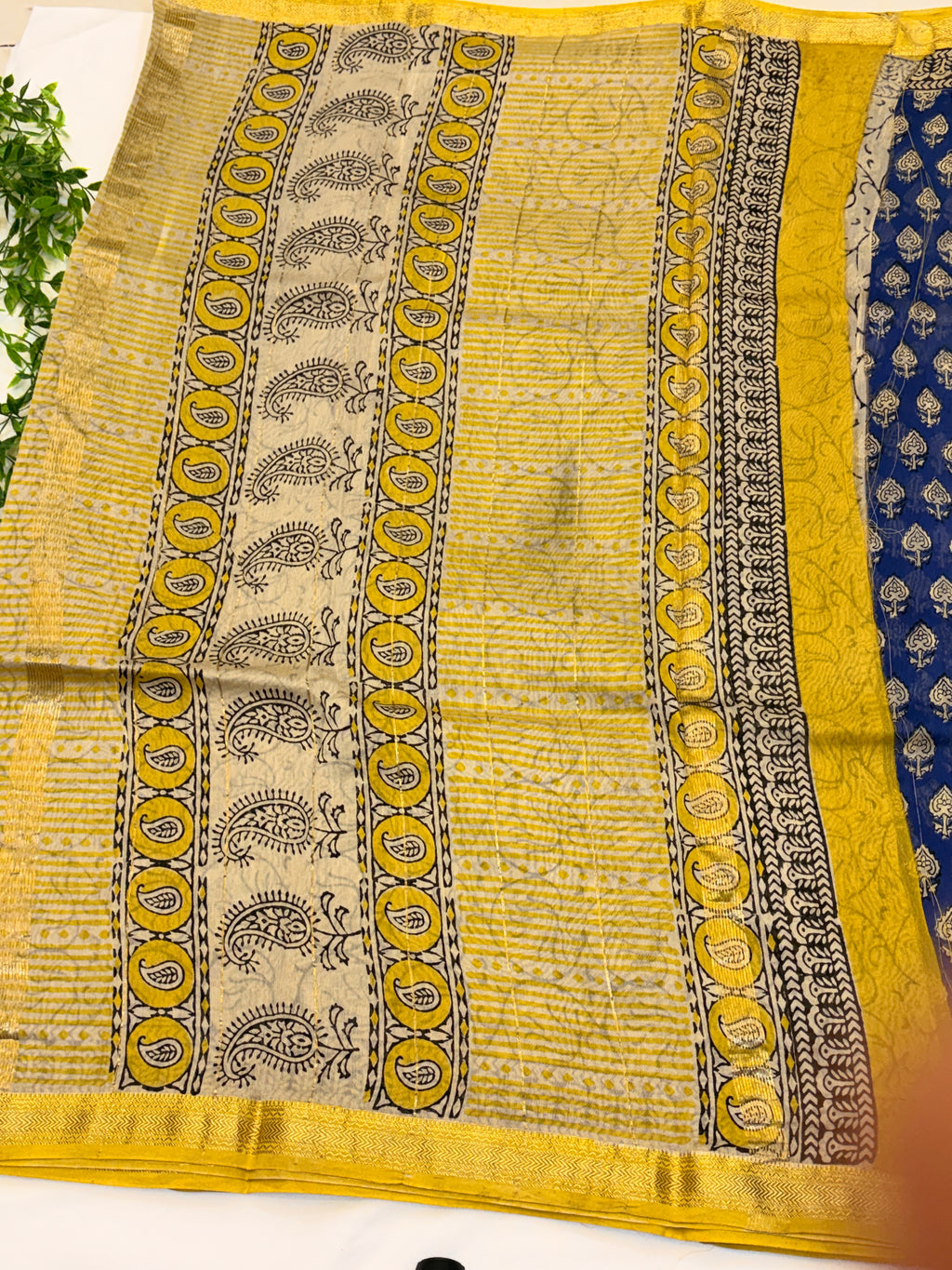Royal Blue Cotton Saree with Hand Block Print & Mustard Border