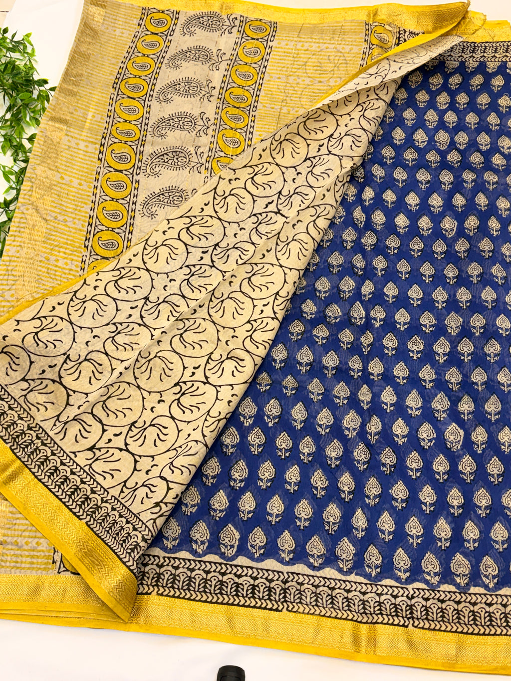 Royal Blue Cotton Saree with Hand Block Print & Mustard Border