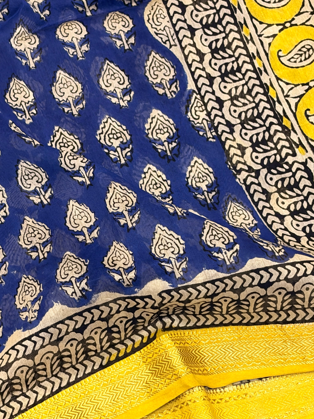 Royal Blue Cotton Saree with Hand Block Print & Mustard Border