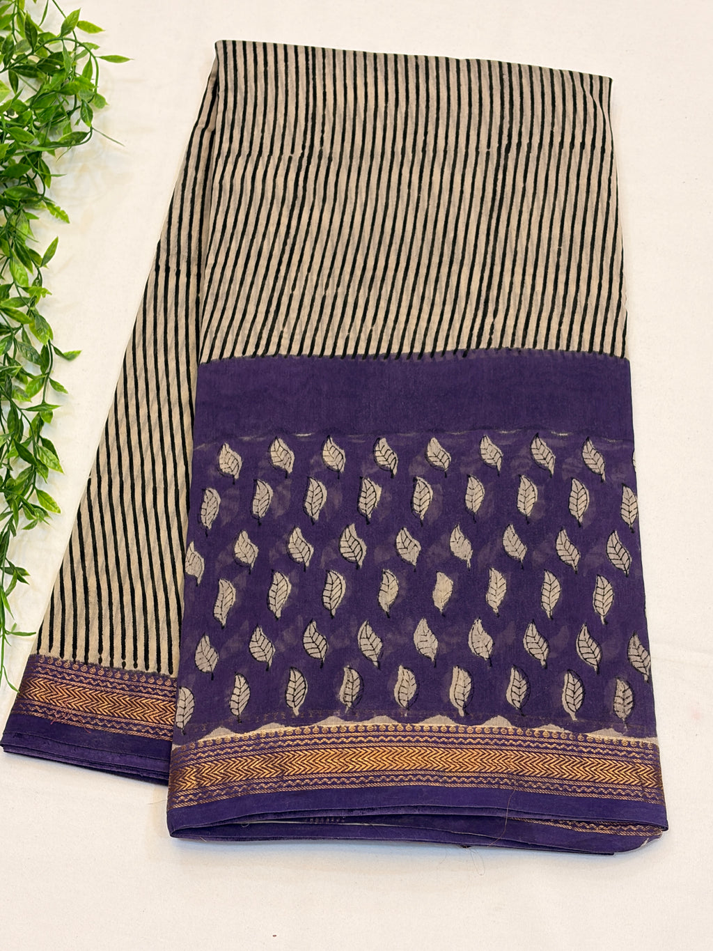 Ivory Cotton Saree with Purple Leaf Print & Striped Design