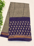 Ivory Cotton Saree with Purple Leaf Print & Striped Design