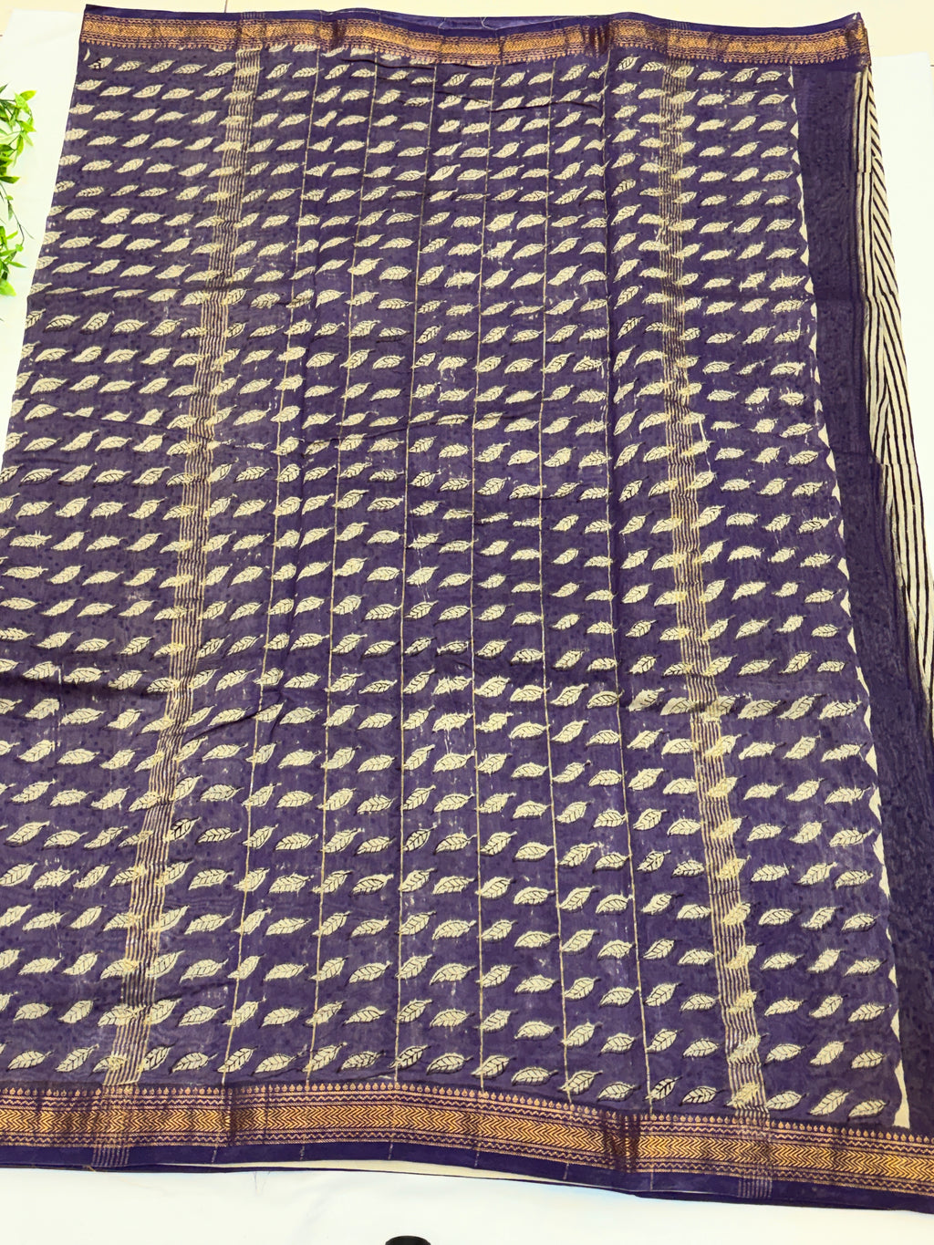Ivory Cotton Saree with Purple Leaf Print & Striped Design