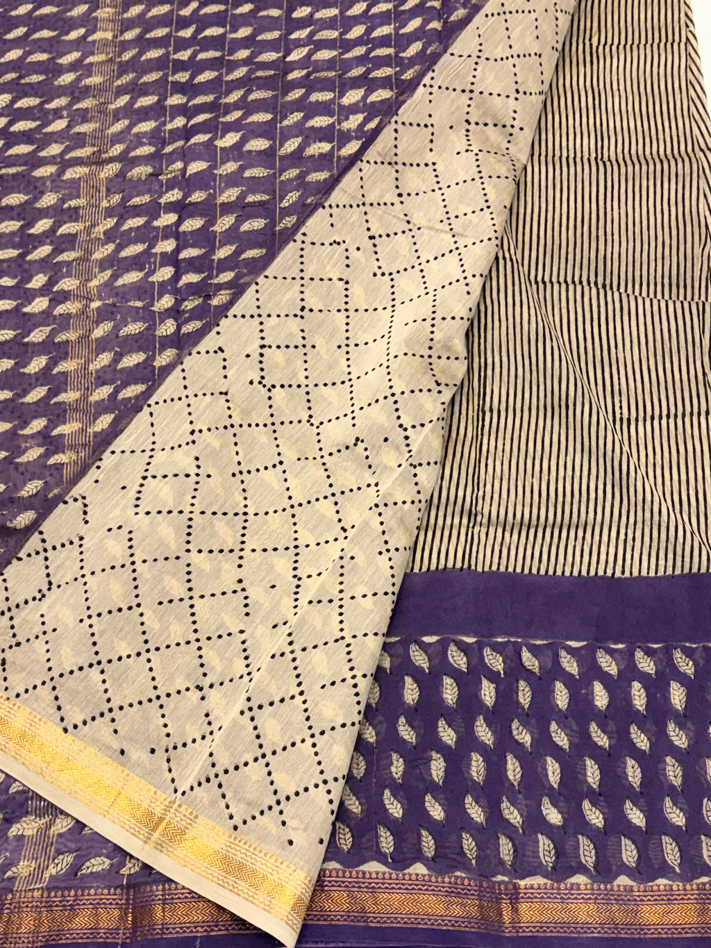 Ivory Cotton Saree with Purple Leaf Print & Striped Design