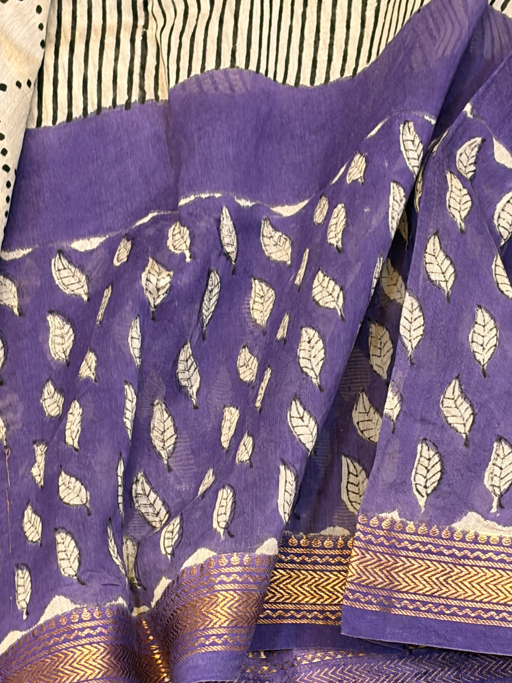 Ivory Cotton Saree with Purple Leaf Print & Striped Design
