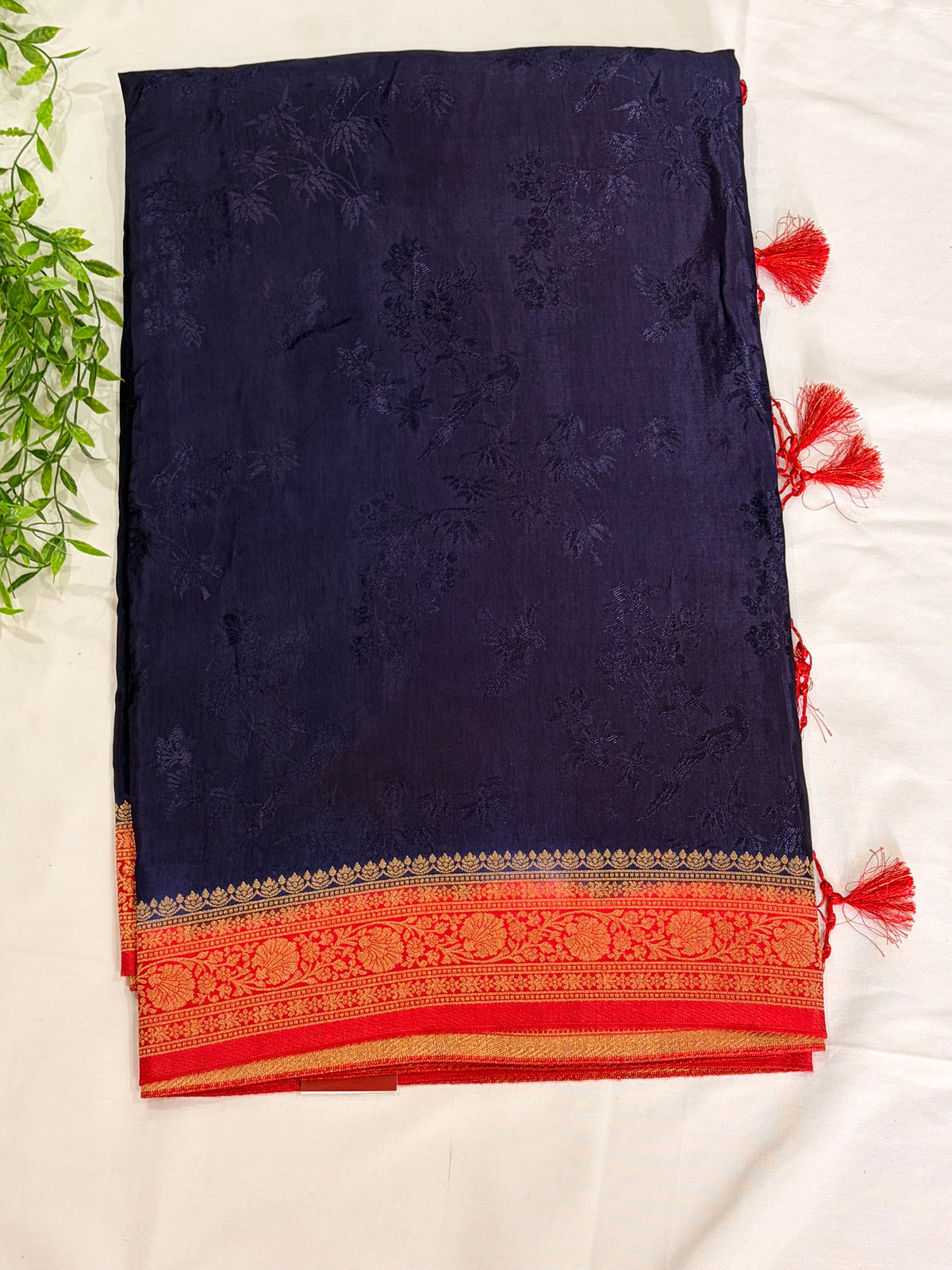 Navy Blue with Red border Dola silk saree