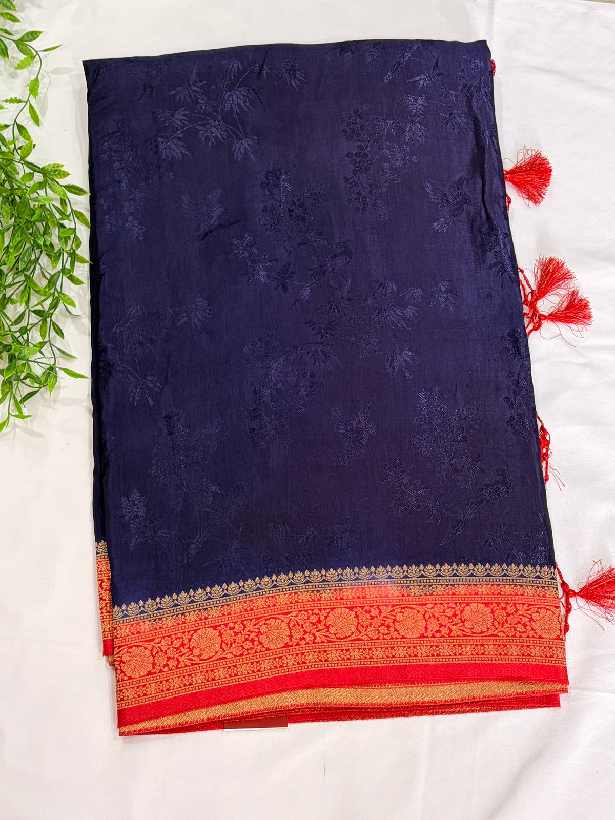 Navy Blue with Red border Dola silk saree