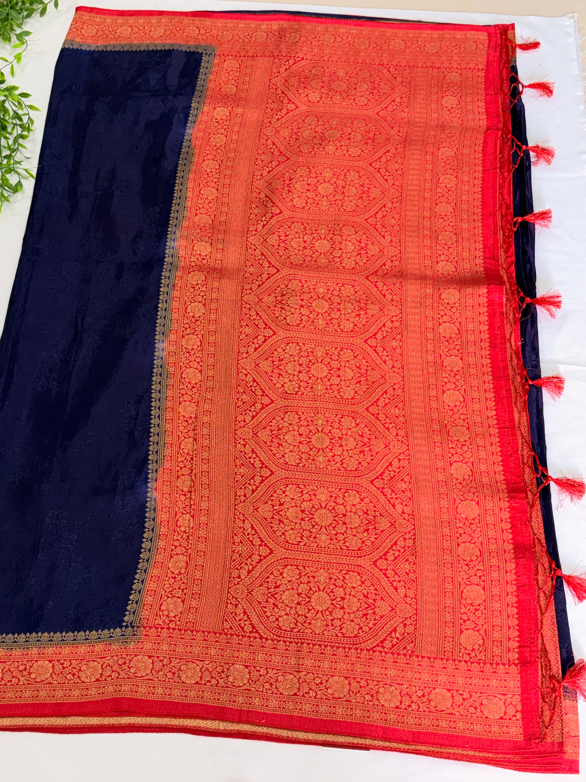 Navy Blue with Red border Dola silk saree