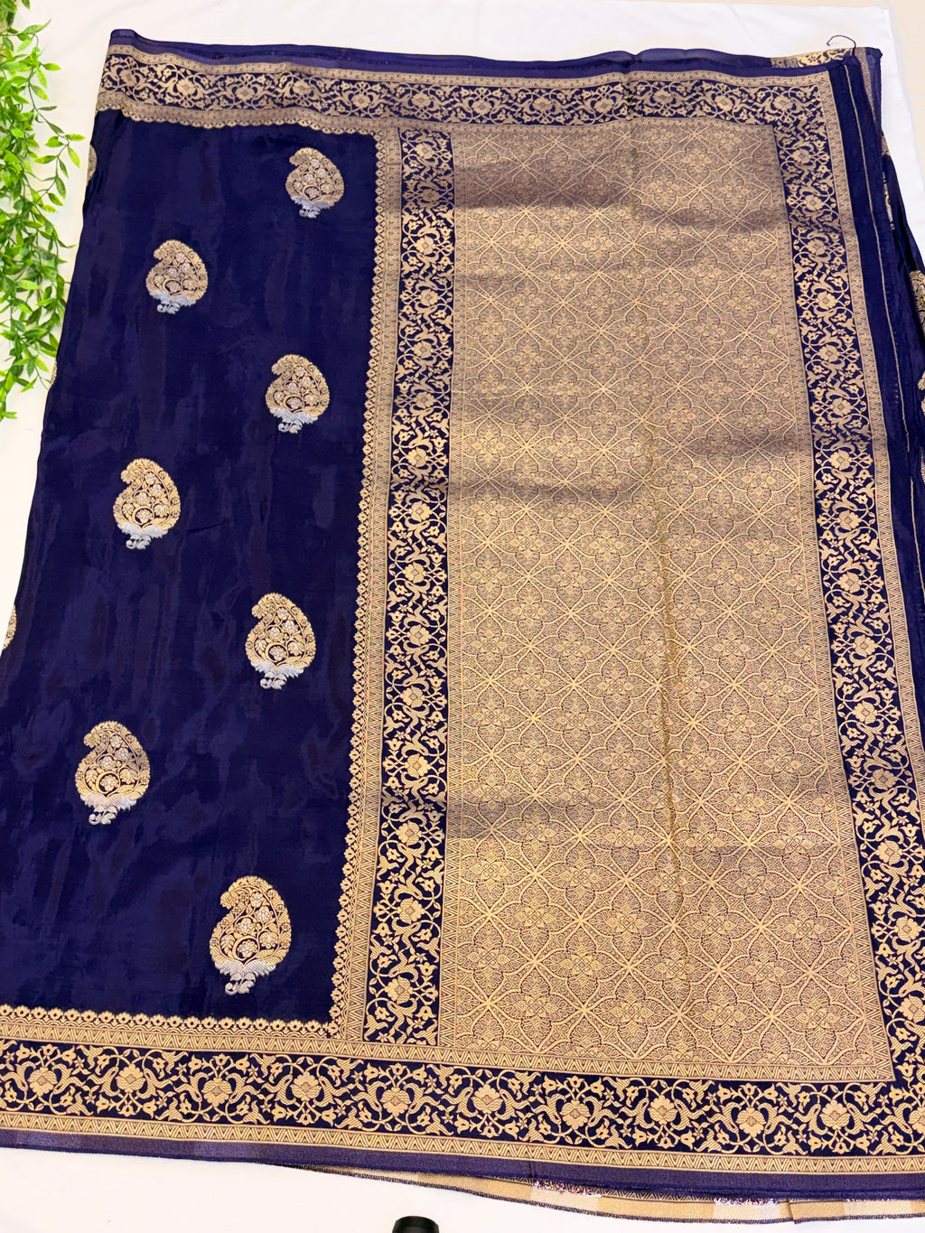 Royal Navy Blue mango silk Saree with Gold Paisley Weaving