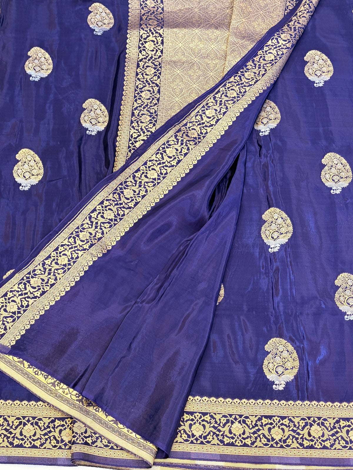 Royal Navy Blue mango silk Saree with Gold Paisley Weaving