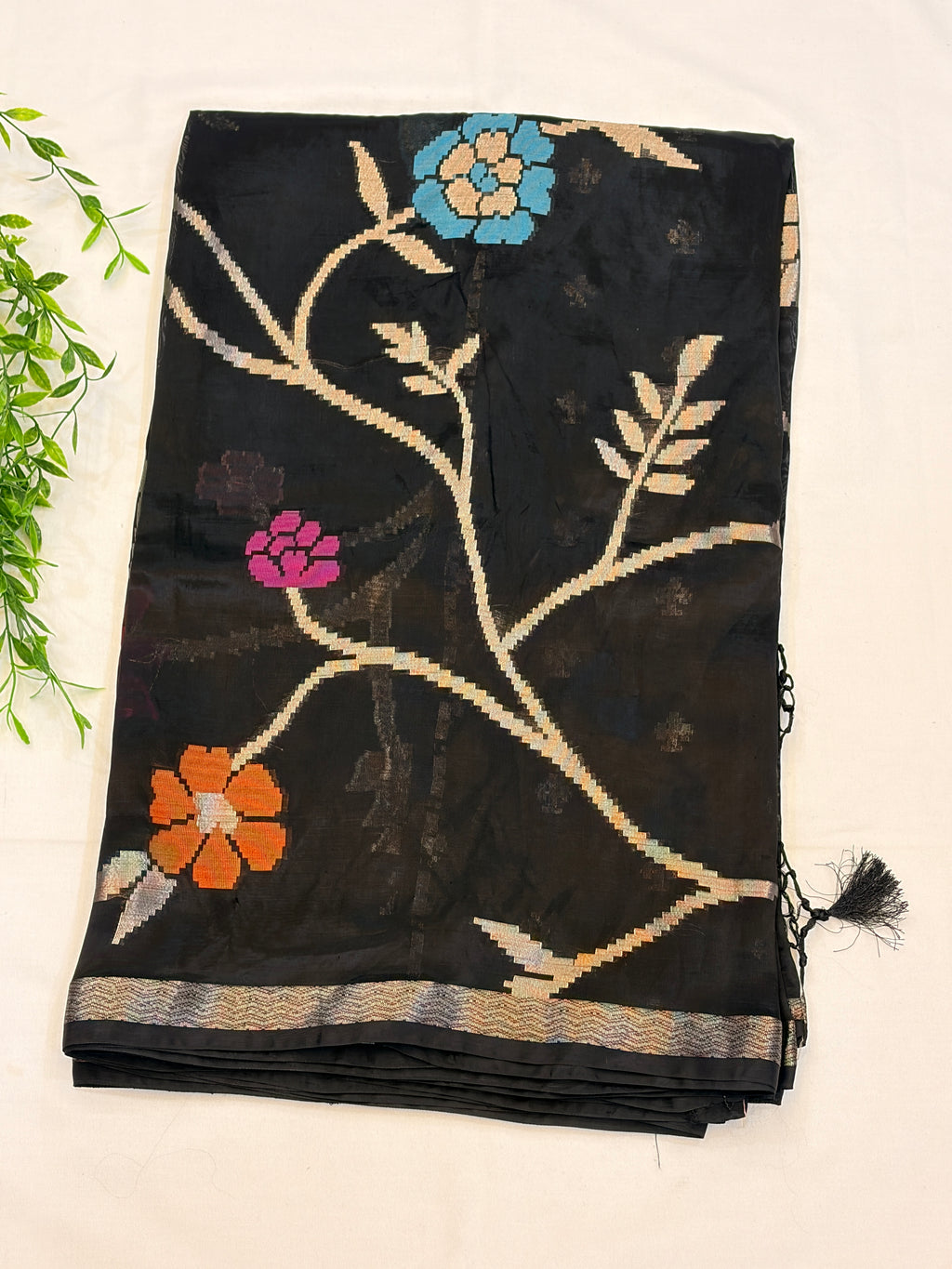 Black paper silk Saree with Multicolor Floral Weave
