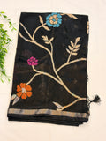 Black paper silk Saree with Multicolor Floral Weave