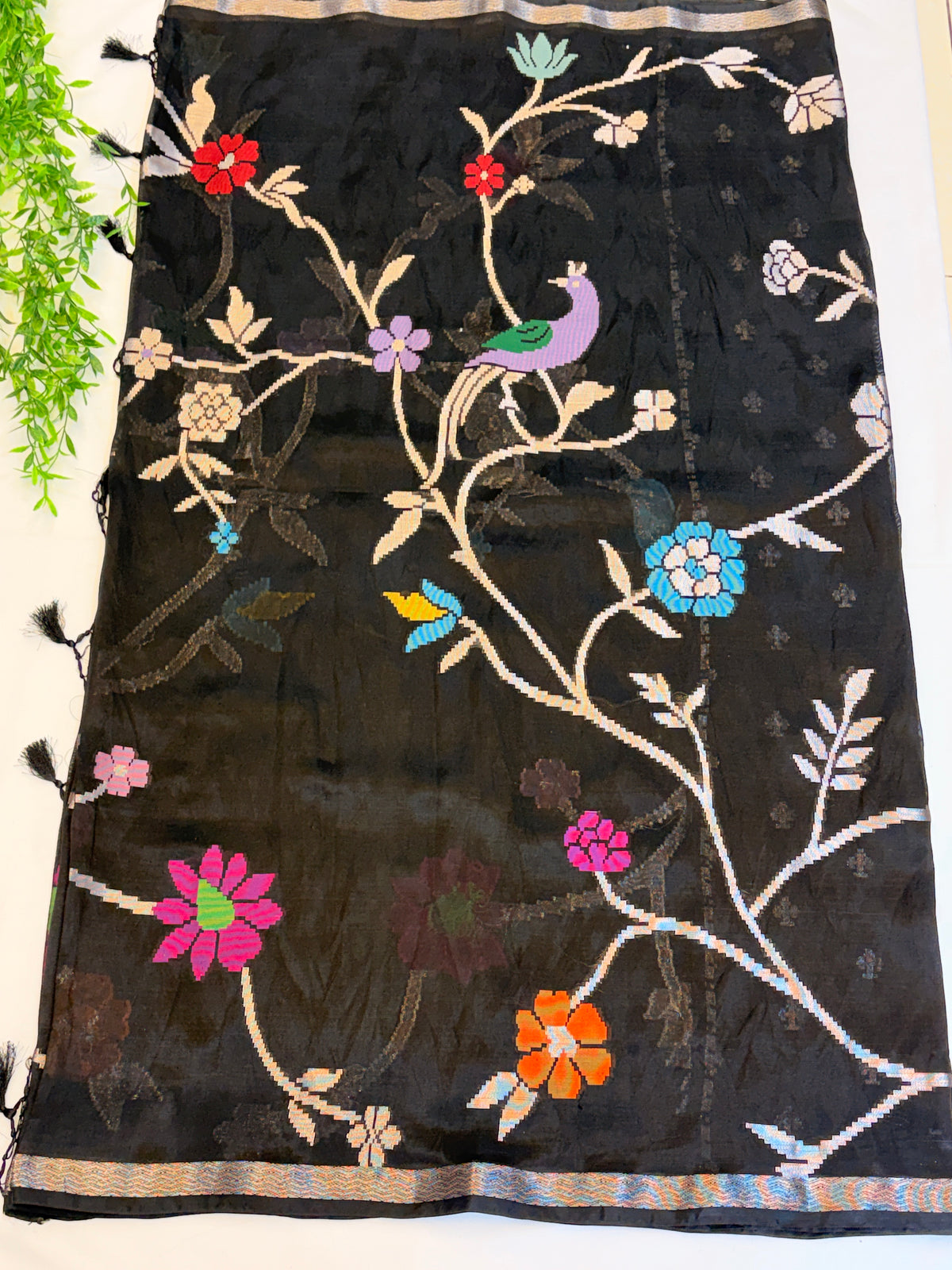 Black paper silk Saree with Multicolor Floral Weave