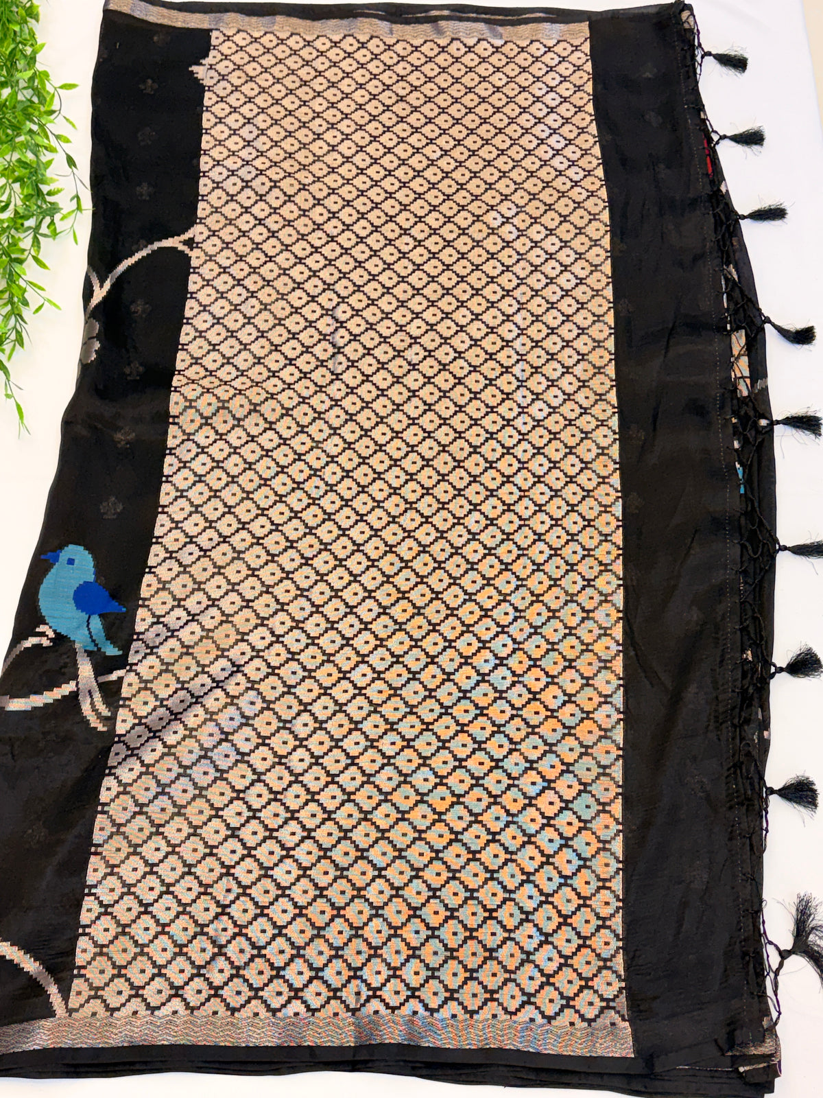 Black paper silk Saree with Multicolor Floral Weave