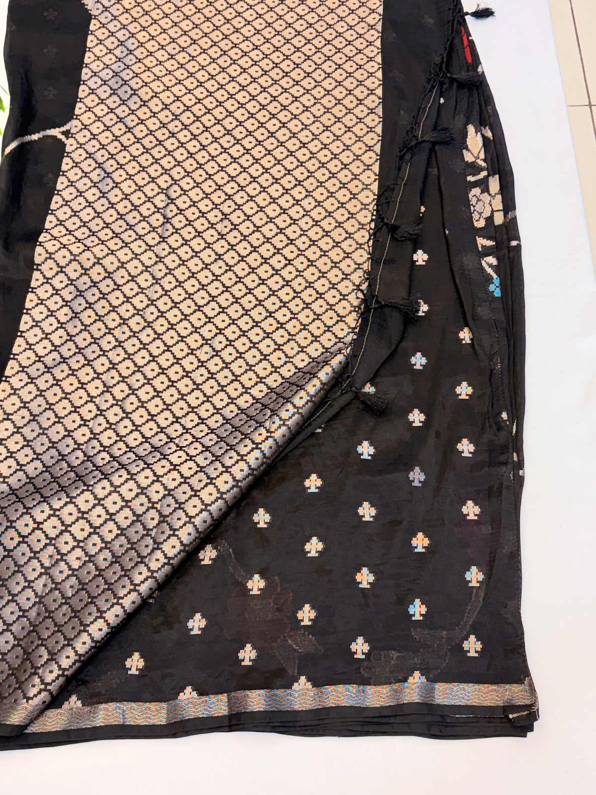 Black paper silk Saree with Multicolor Floral Weave