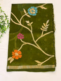 Olive green  paper silk  Saree with Multicolor Floral Weave