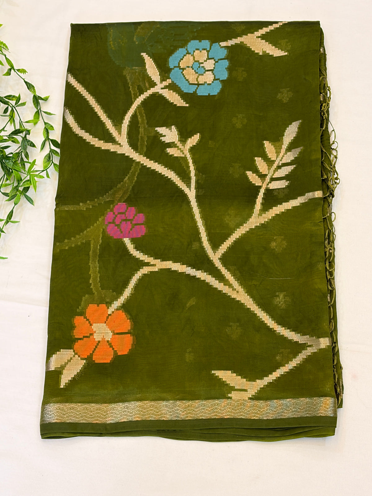 Olive green  paper silk  Saree with Multicolor Floral Weave