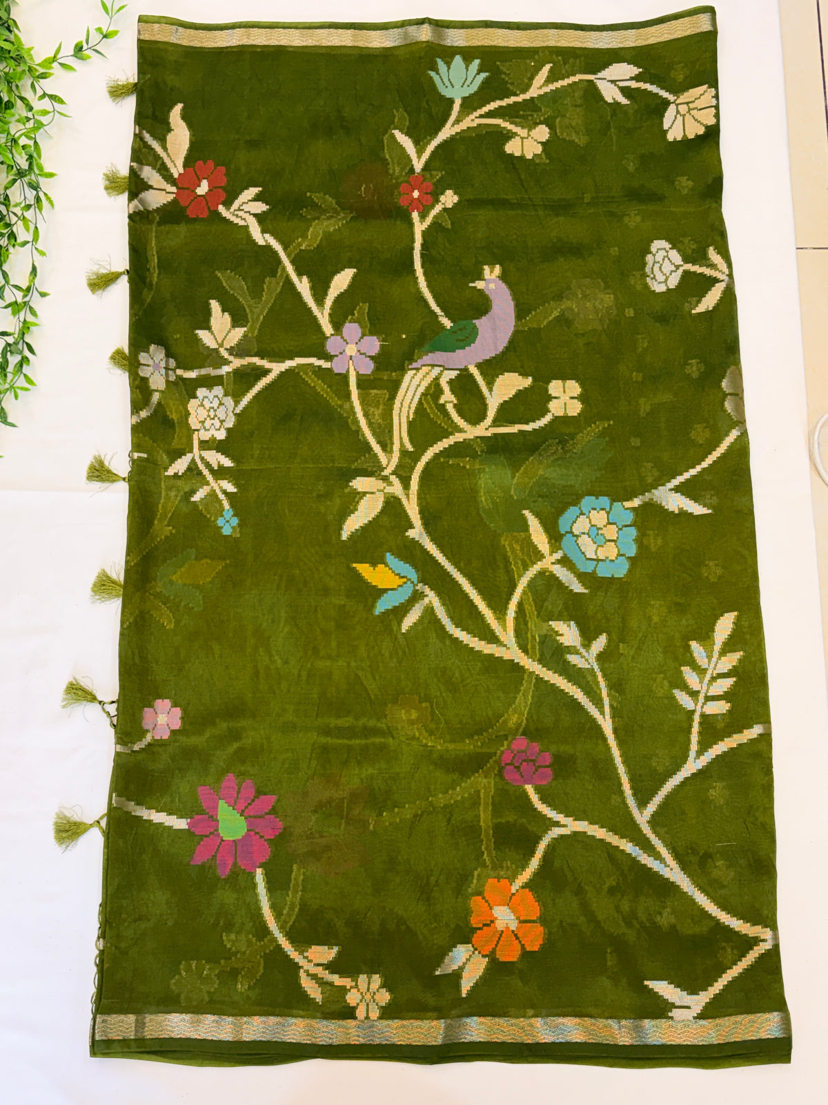 Olive green  paper silk  Saree with Multicolor Floral Weave
