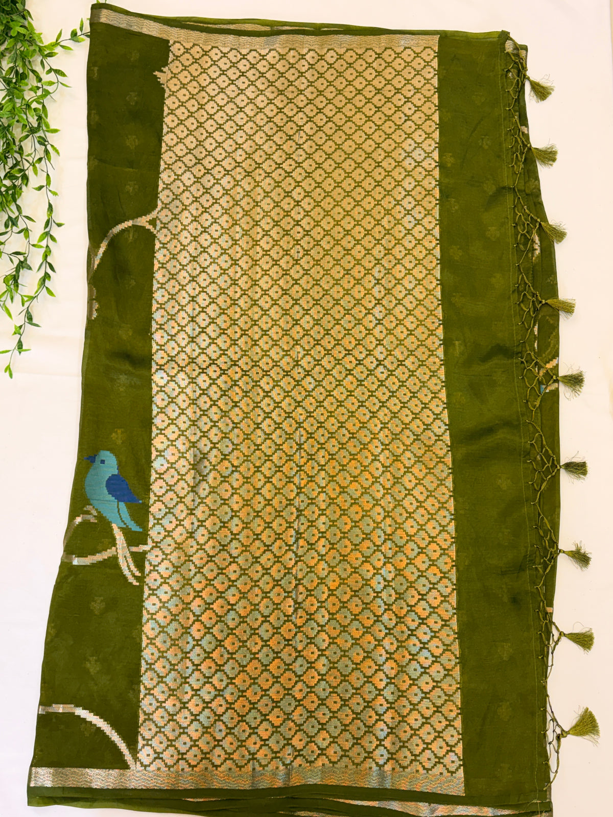 Olive green  paper silk  Saree with Multicolor Floral Weave
