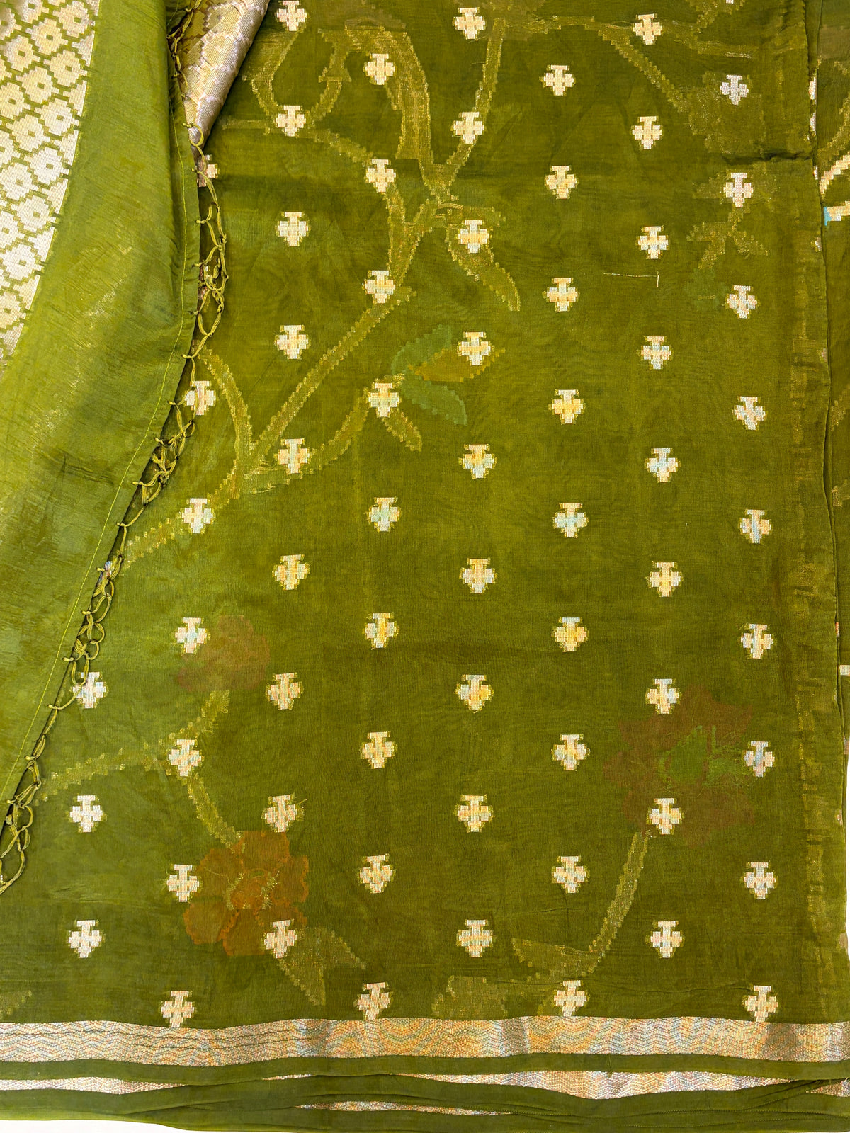 Olive green  paper silk  Saree with Multicolor Floral Weave