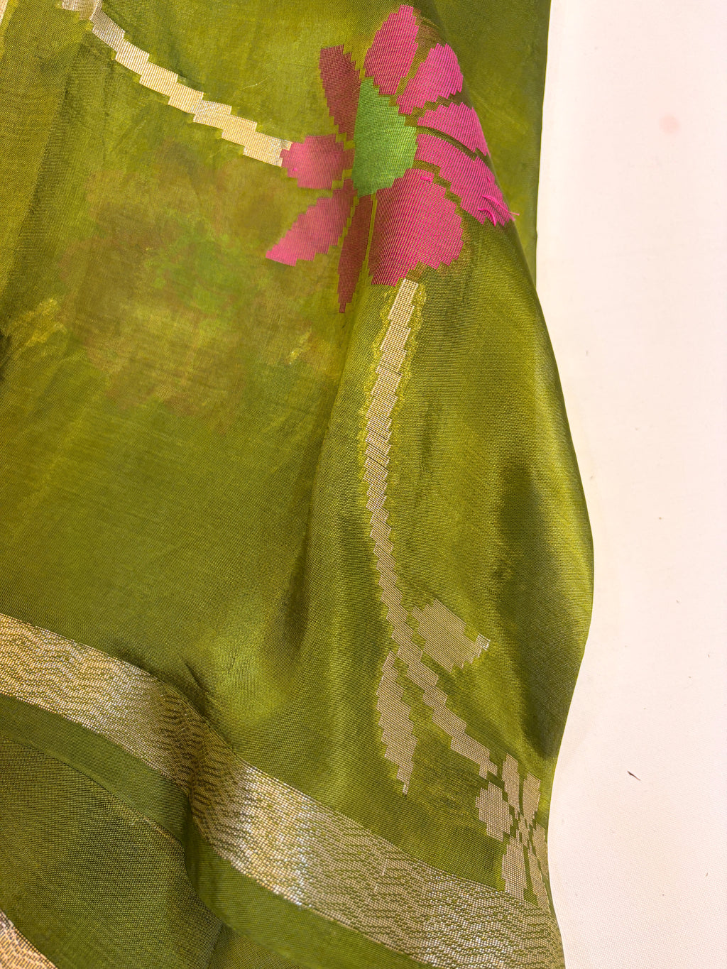 Olive green  paper silk  Saree with Multicolor Floral Weave