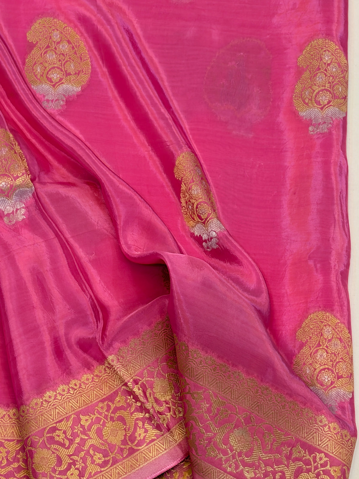 Pink mango silk Saree with Gold Paisley Weaving