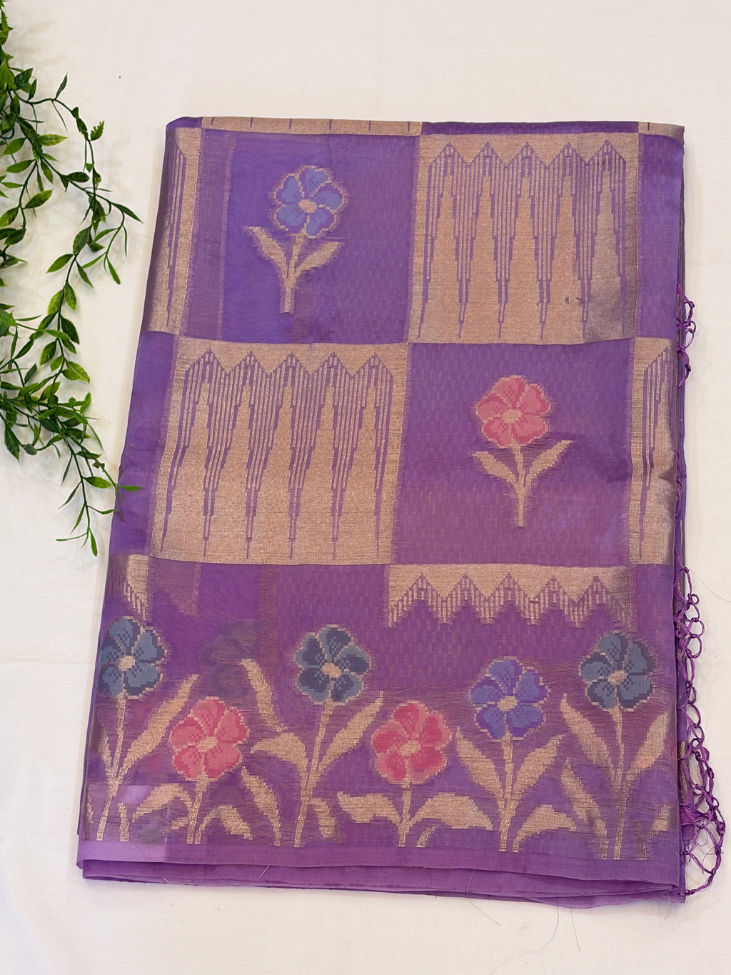 Lavender Floral Check paper silk Saree