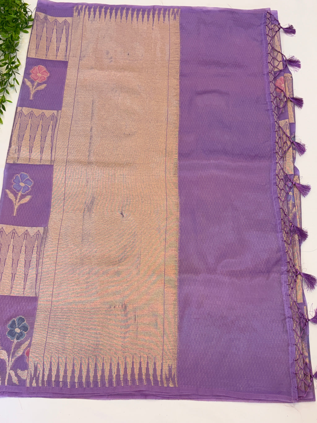 Lavender Floral Check paper silk Saree