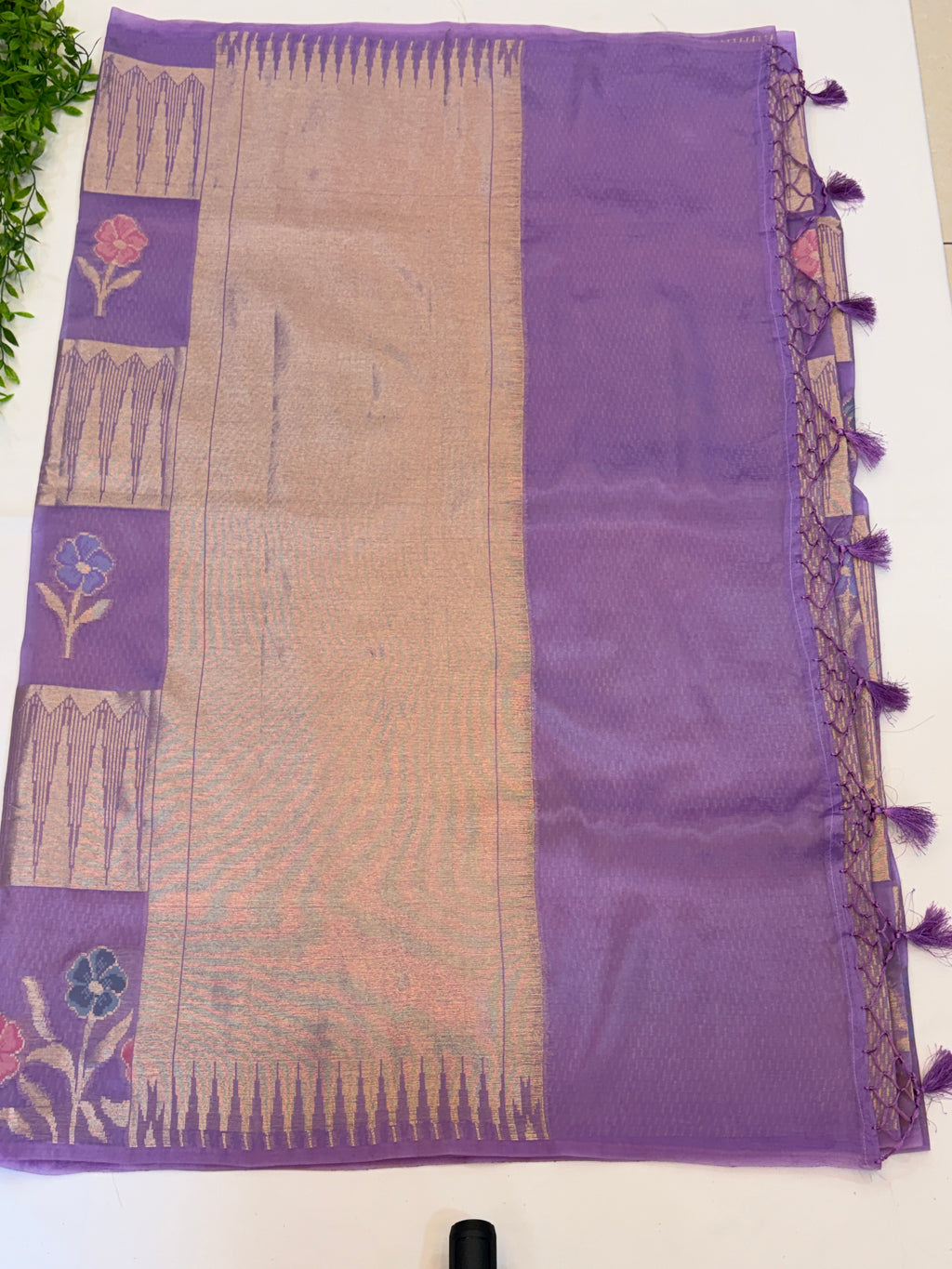 Lavender Floral Check paper silk Saree