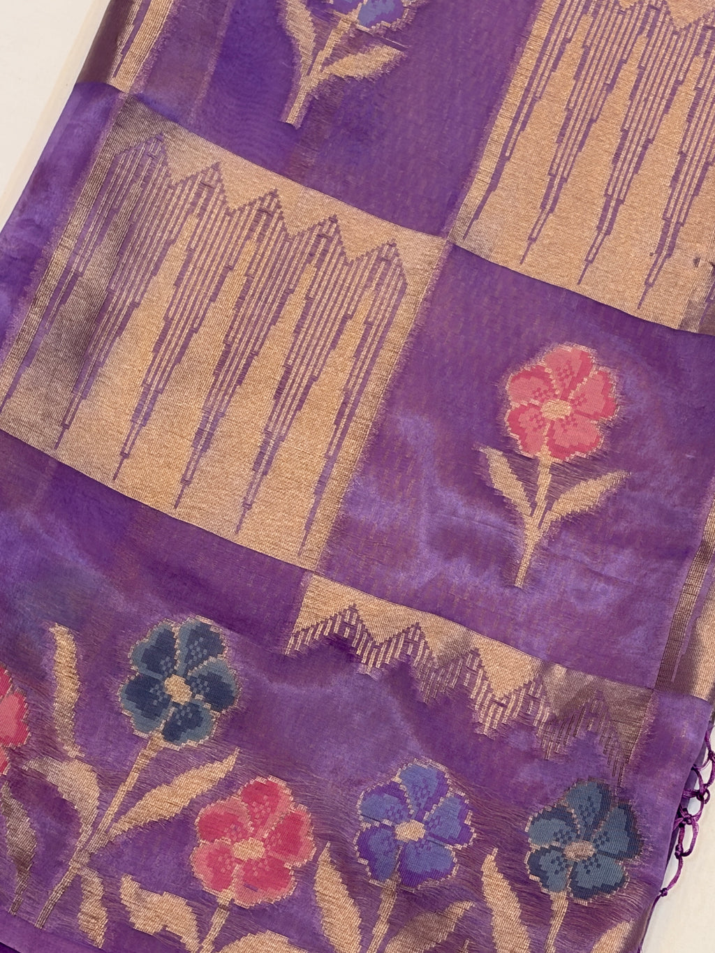 Lavender Floral Check paper silk Saree
