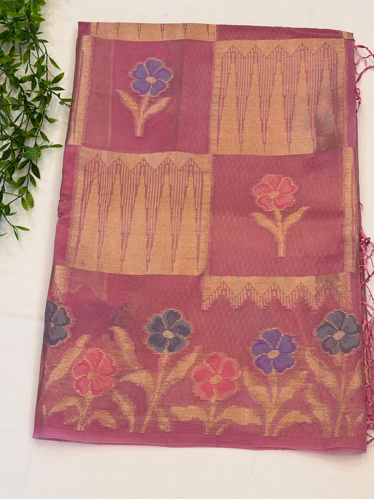 Dusty Rose Floral Check paper silk Saree