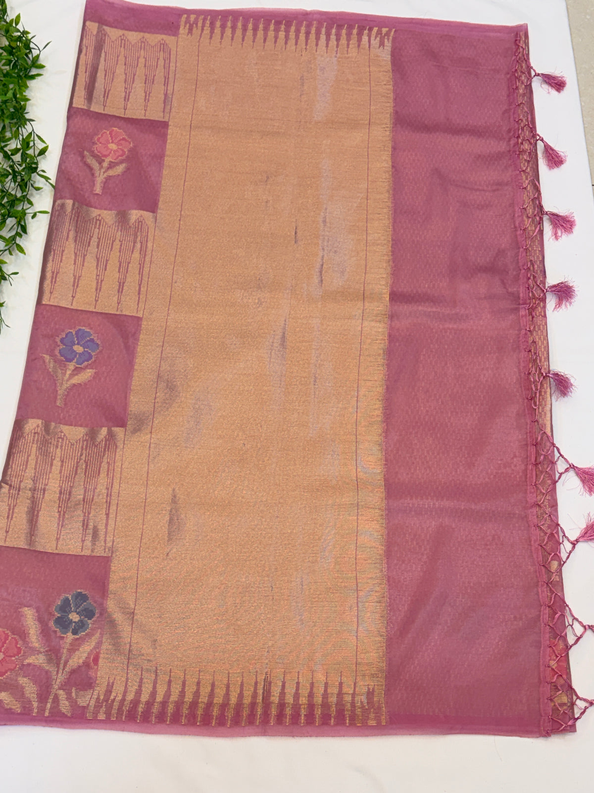 Dusty Rose Floral Check paper silk Saree