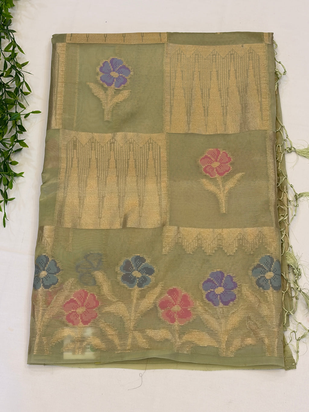 Sage Green Floral Check paper silk Saree