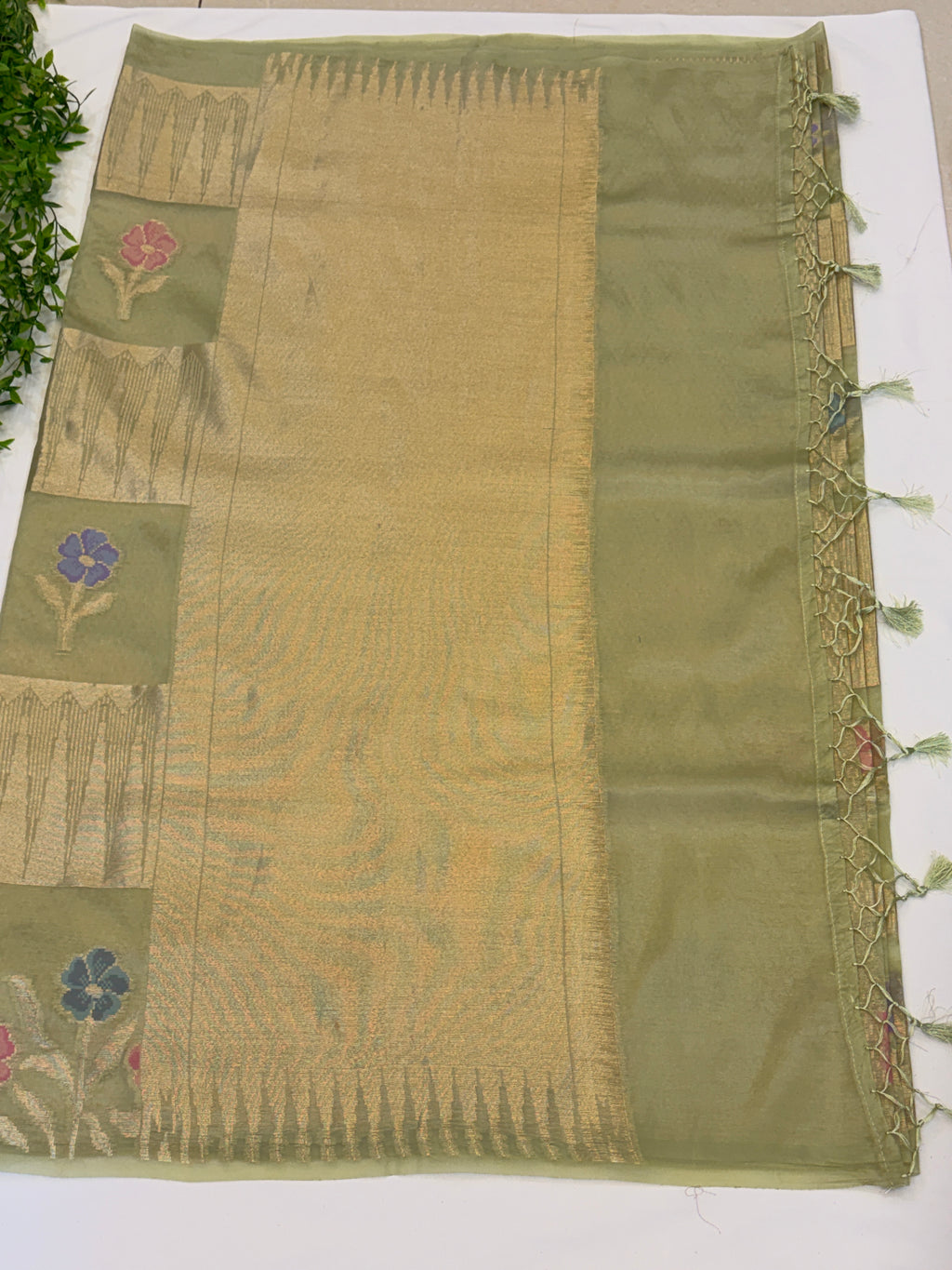 Sage Green Floral Check paper silk Saree