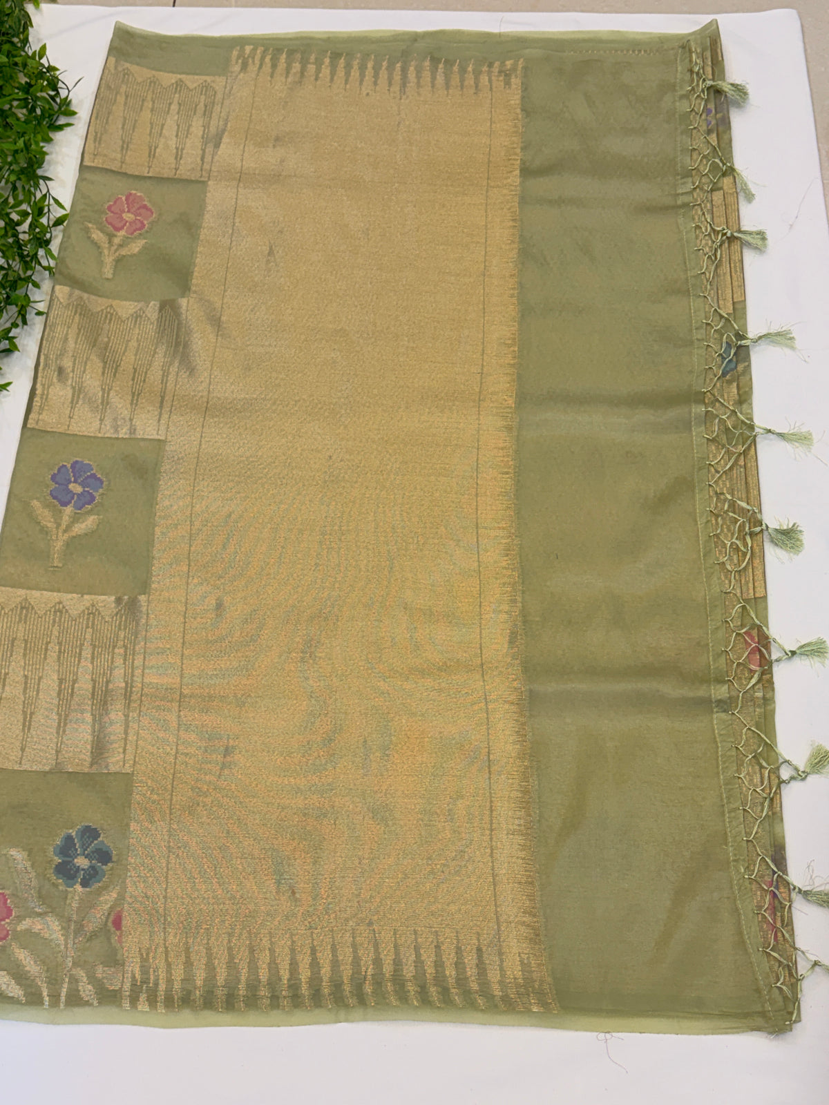 Sage Green Floral Check paper silk Saree