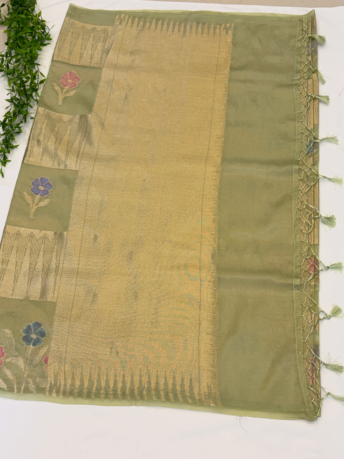 Sage Green Floral Check paper silk Saree