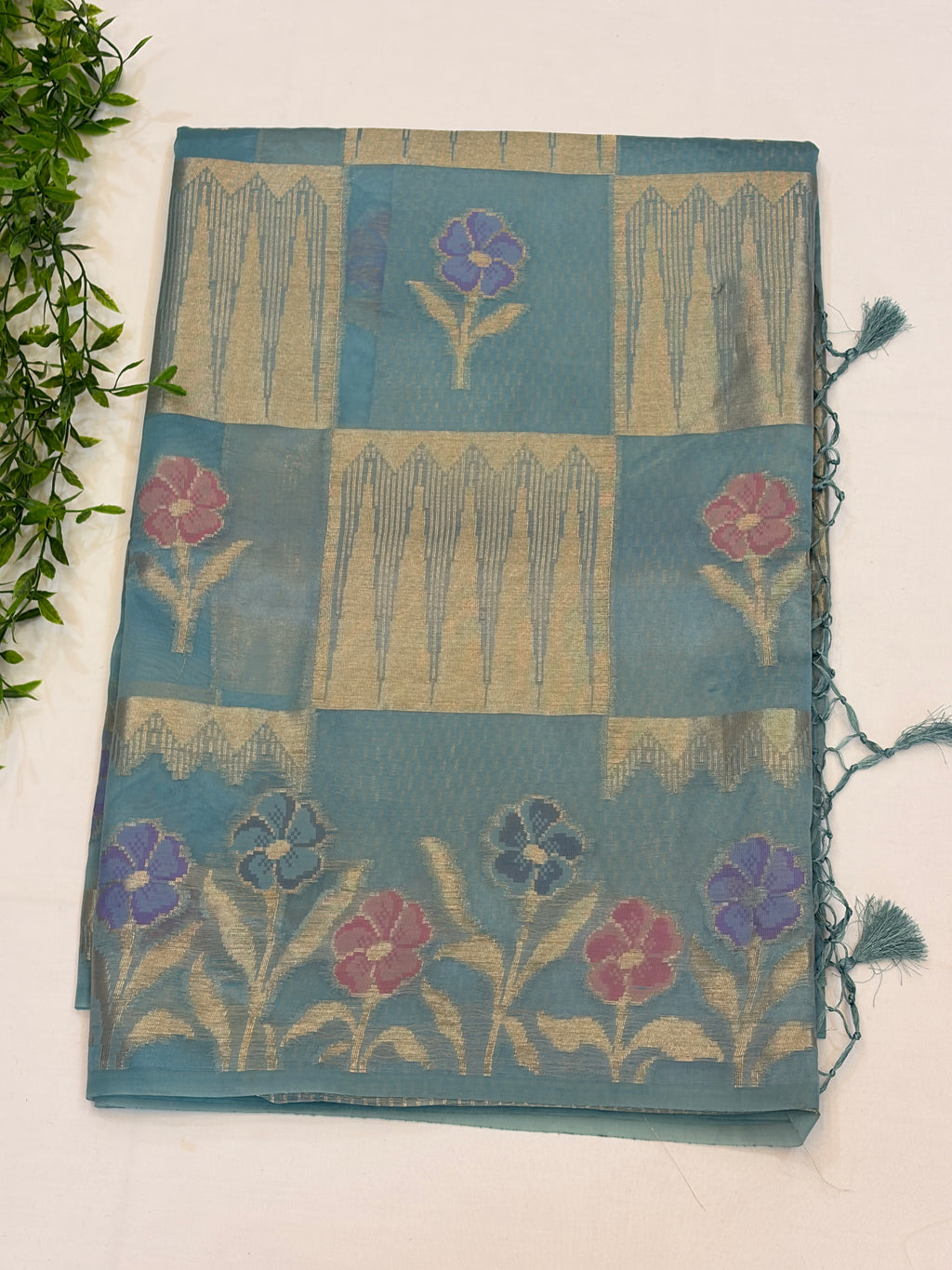 Teal Blue Floral Check paper silk Saree