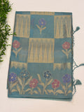 Teal Blue Floral Check paper silk Saree