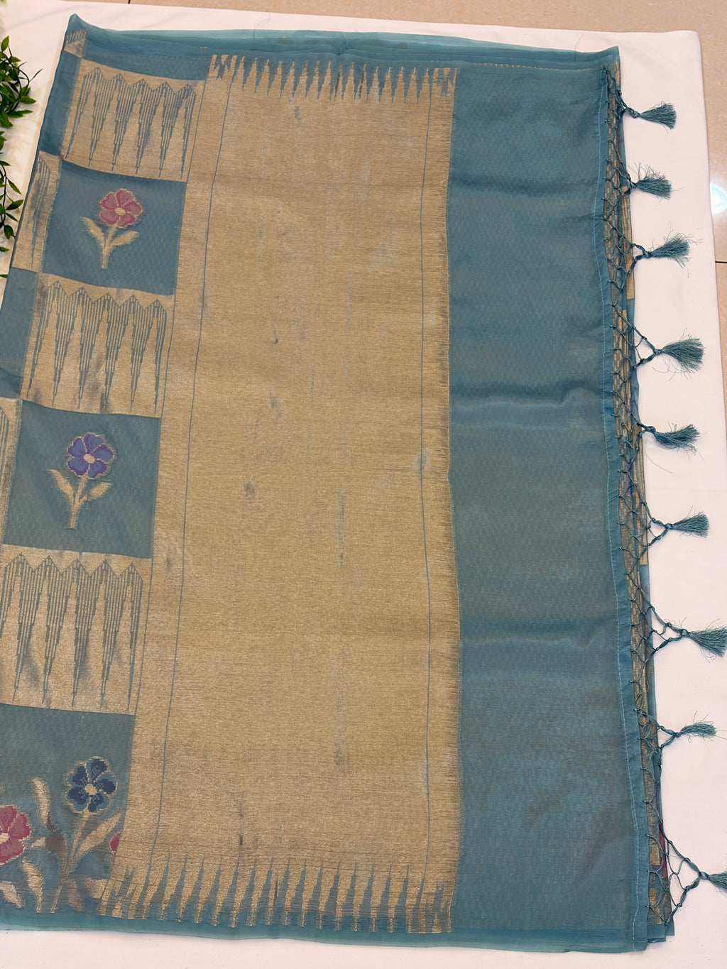 Teal Blue Floral Check paper silk Saree