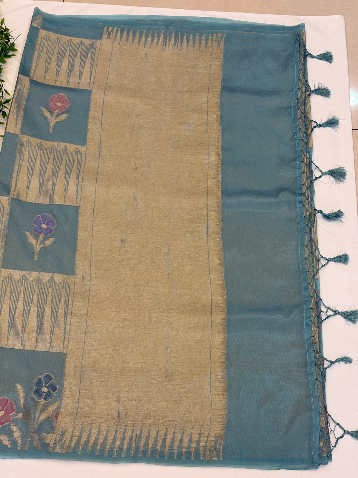 Teal Blue Floral Check paper silk Saree
