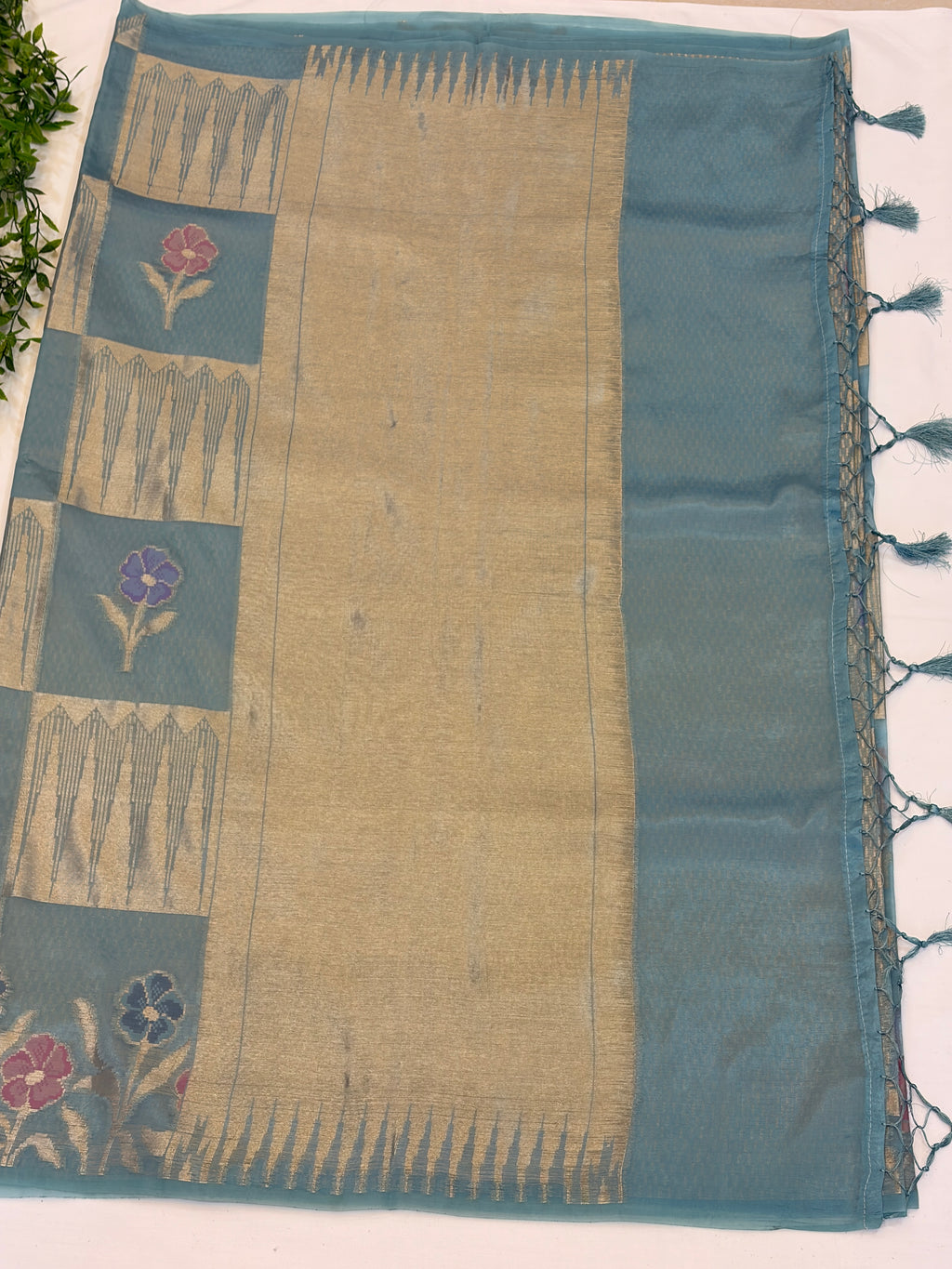 Teal Blue Floral Check paper silk Saree