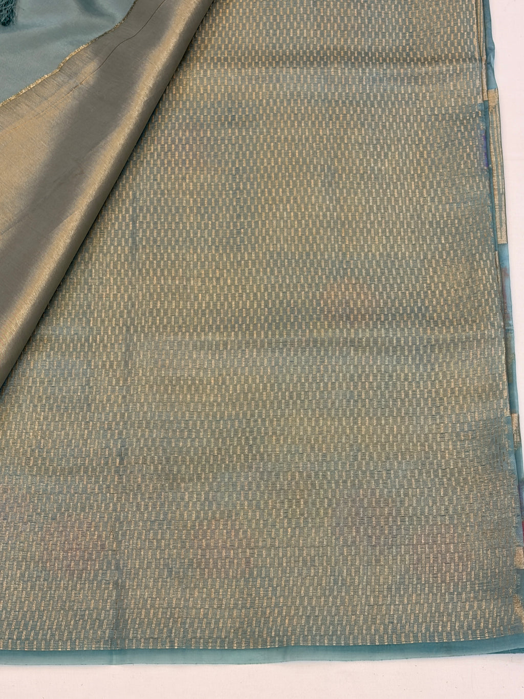 Teal Blue Floral Check paper silk Saree