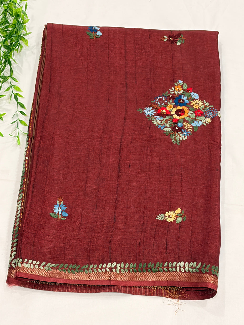 Maroon Tussar Floral Embroidered Designer Saree