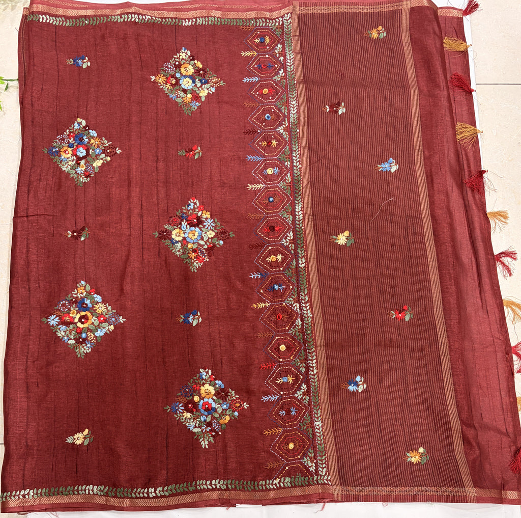 Maroon Tussar Floral Embroidered Designer Saree