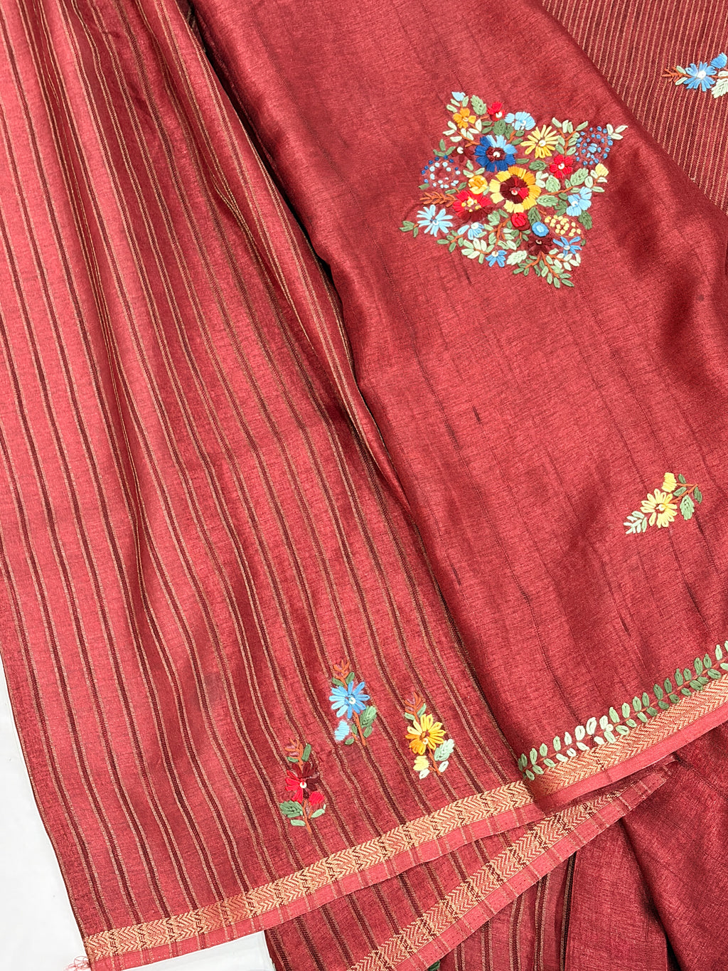 Maroon Tussar Floral Embroidered Designer Saree