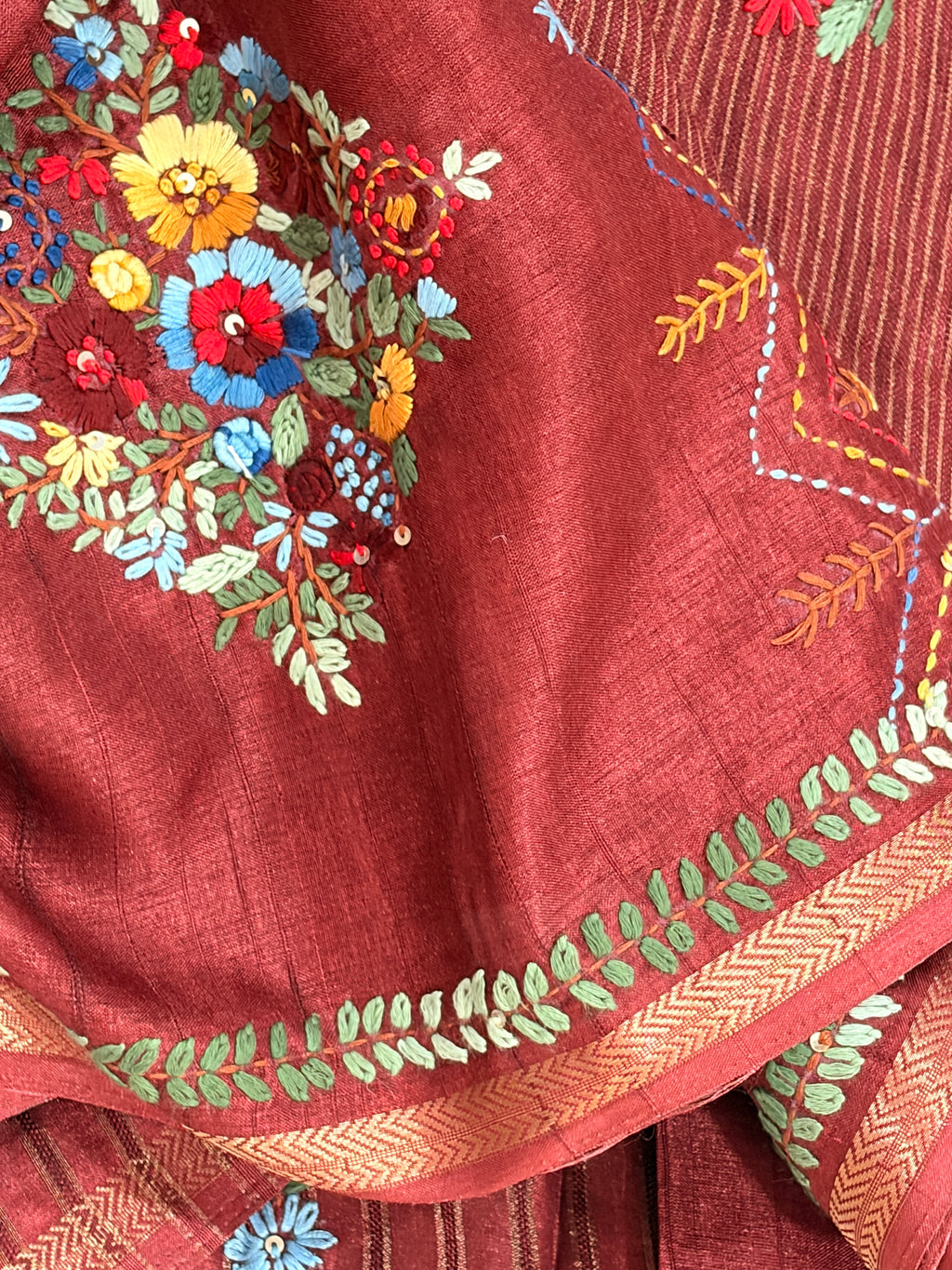 Maroon Tussar Floral Embroidered Designer Saree