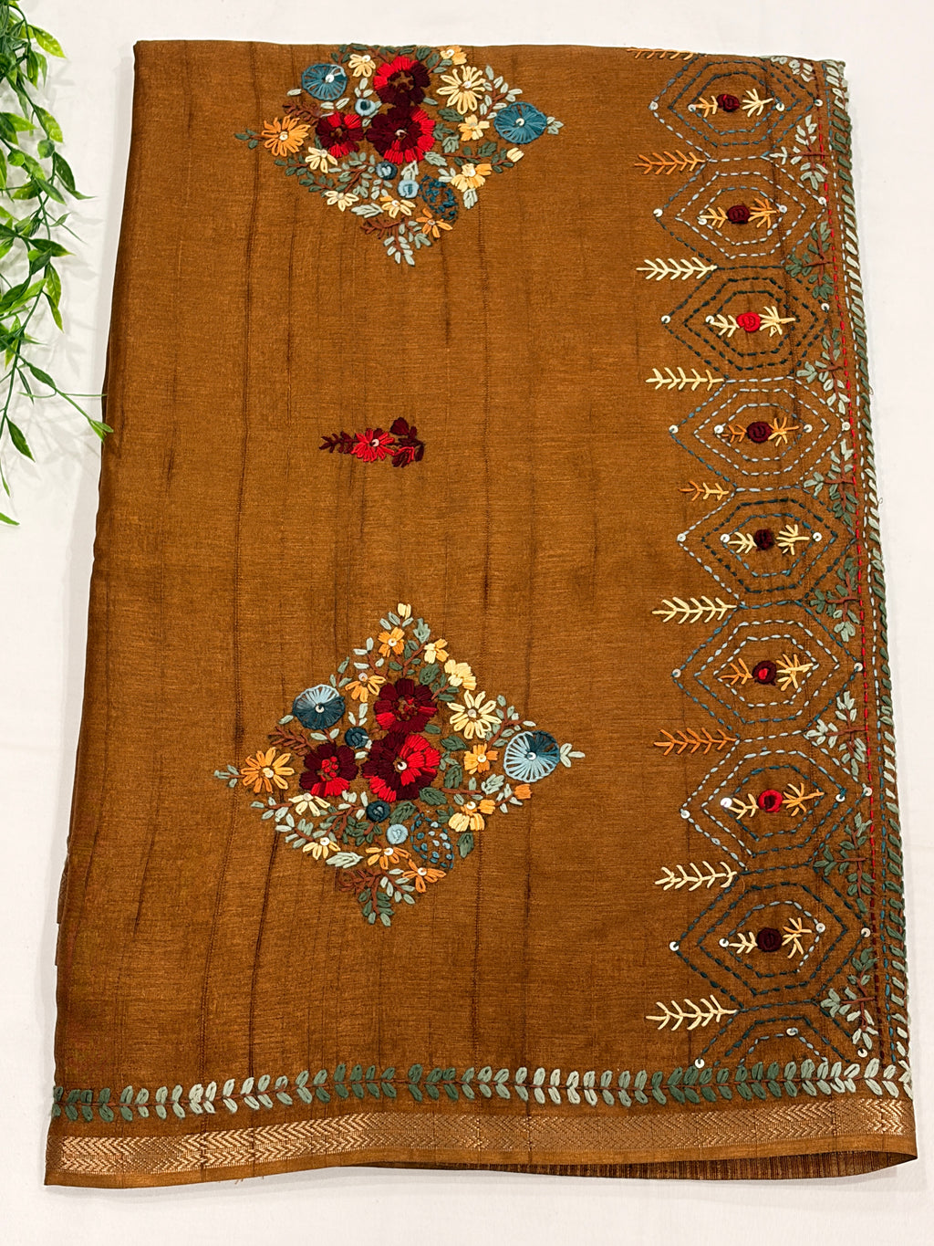 Mustard Tussar Floral Embroidered Designer Saree