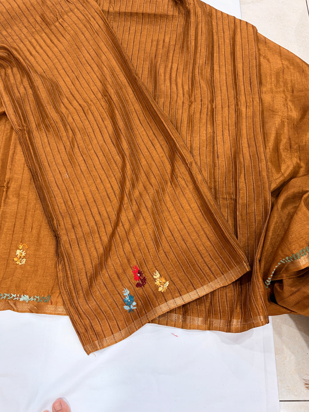 Mustard Tussar Floral Embroidered Designer Saree
