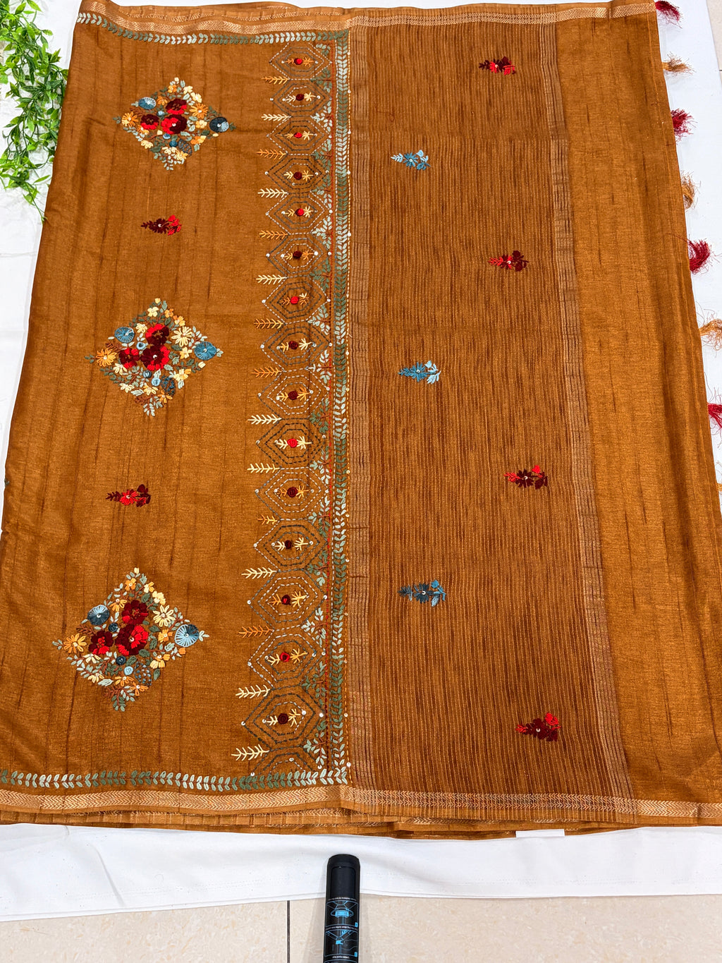 Mustard Tussar Floral Embroidered Designer Saree
