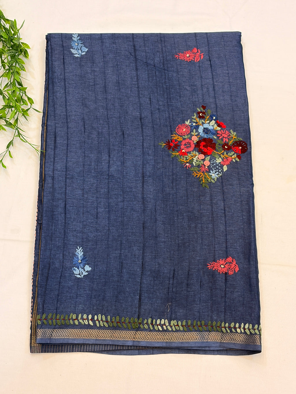 Blue Tussar Floral Embroidered Designer Saree